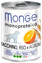 Консервы для собак Monge Dog Monoproteico Fruits – Монобелковый паштет для собак из индейки с рисом и цитрусовыми
